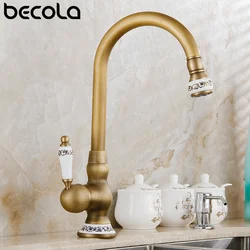 Torneira de bronze antiga para cozinha, Torneira misturadora com guindaste cerâmico, Misturadores de água fria e quente