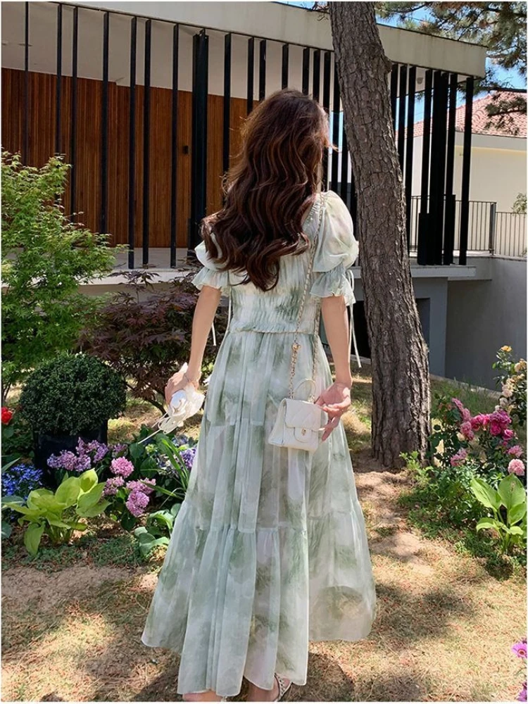 Robe à fleurs Vintage pour femmes, élégante, en mousseline de soie, robe de soirée coréenne, manches bouffantes, col en V, mi-longue, robes d'automne pour femmes, 2025