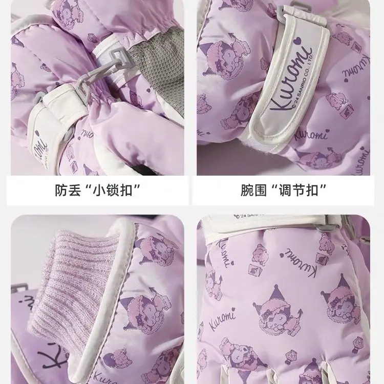 Miniso Kuromi sarung tangan anti-selip, sarung tangan tebal tahan angin tahan air bersepeda anak-anak, sarung tangan luar ruangan musim dingin motif kartun anime