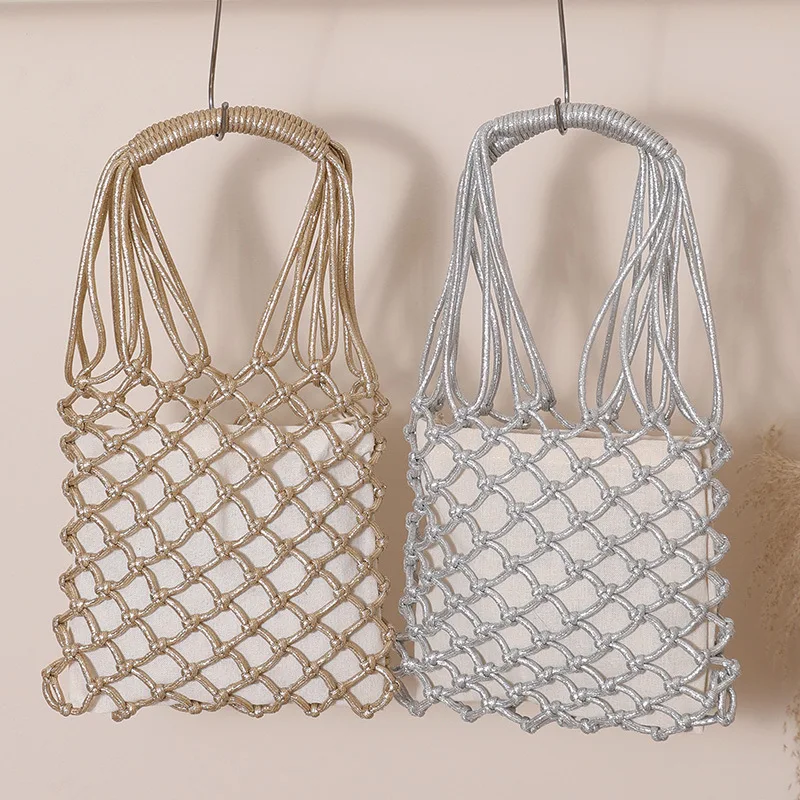 New Arrival Mesh Woven Handbag Hollow Out Tote Bag Women Fashion Beach Bag for Vacation
