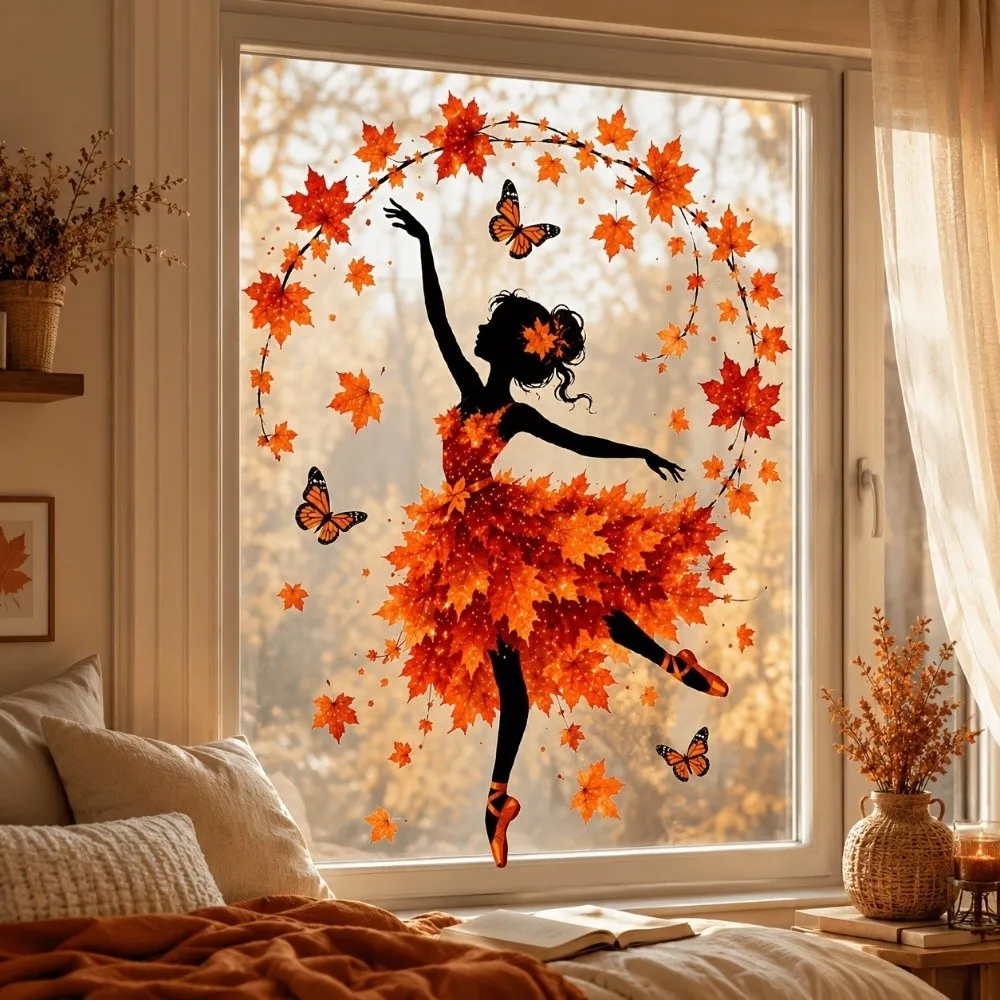 Adhesive-Free Autumn Ballerina Window Cling PVC Static Aesthetic Dancer Silhouette Window Sticker Waterproof Vibrant Color