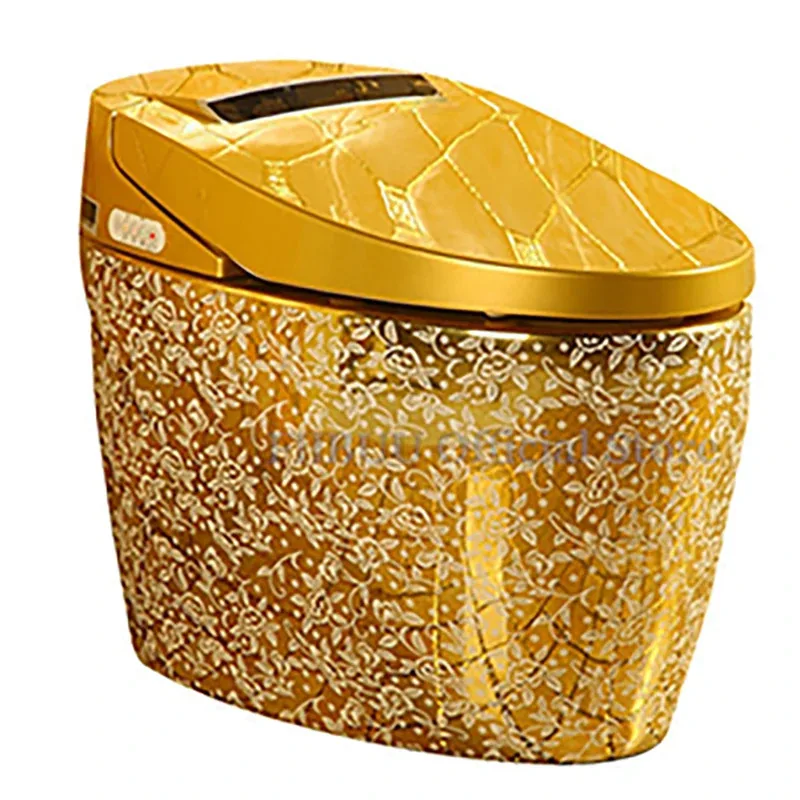 

Цельный золотой умный унитаз-биде со встроенным скрытым бачком, удлиненной системой подачи горячей воды, подогреваемым сиденьем и ночной подсветкой.