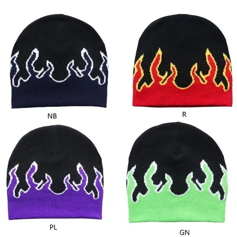 

652F 2000s Flame Caps Knitting Hat Slouch Skullies Flame Skull Caps