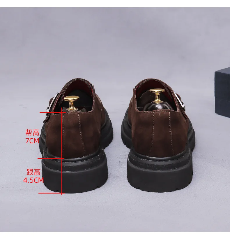 Thick Lug Sole Monk Strap Shoes for Daily Casual Wear Genuine Leather 4.5 Cm Elevated Block Heel Single Buckle Men's Footwear