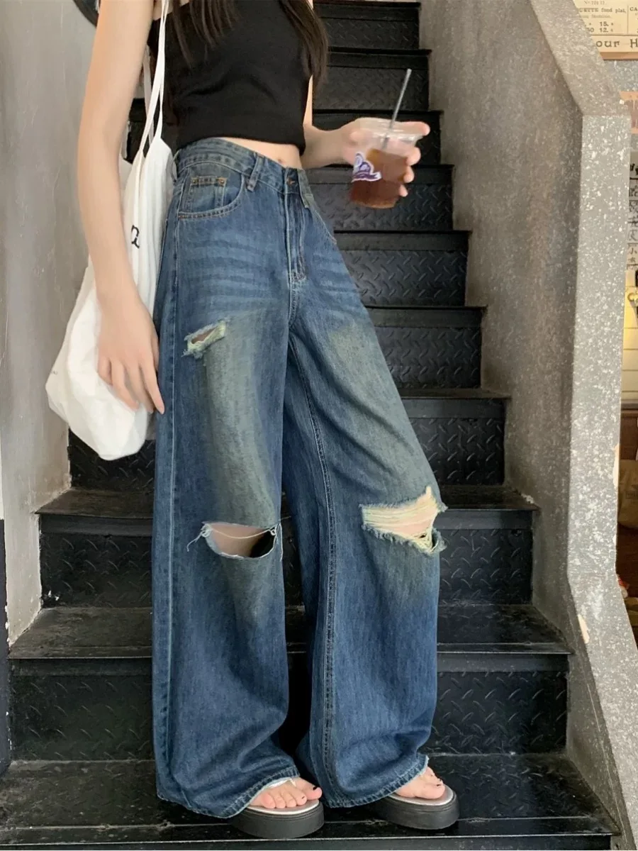 New Jeans Women Holes Autumn Loose High-waist Ripped Pockets Design Faddish Streetwear Creativity Temper Girls Ulzzang Trousers