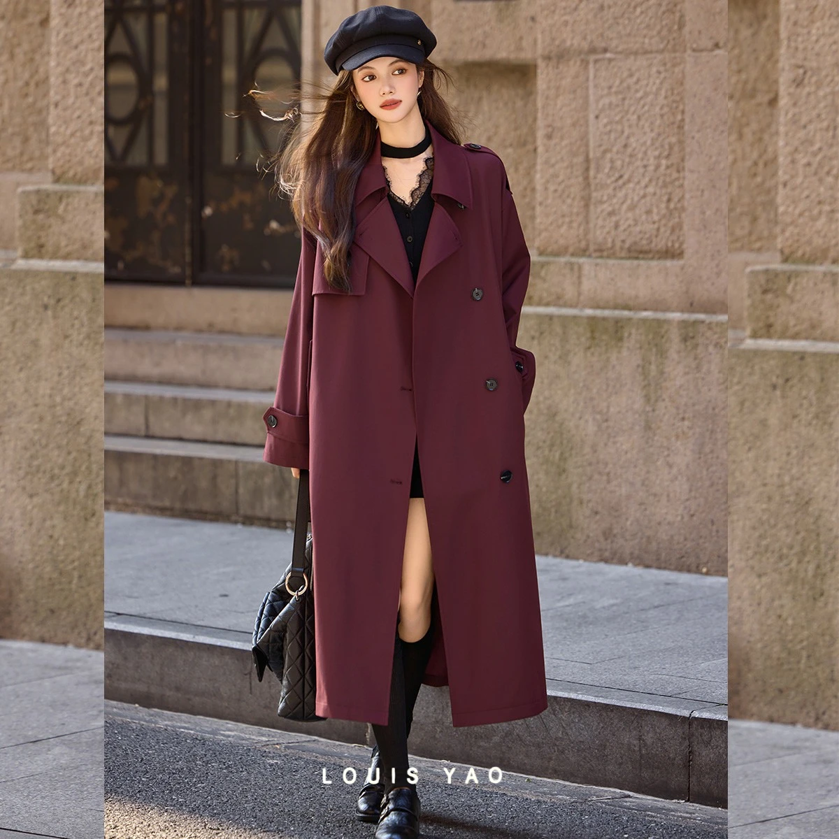 

LOUIS YAO Burgundy British-Style Trench Coat 2025 Autumn Top Slouchy Loose-Fit Women's Jackets Long-Length Women's Cardigan