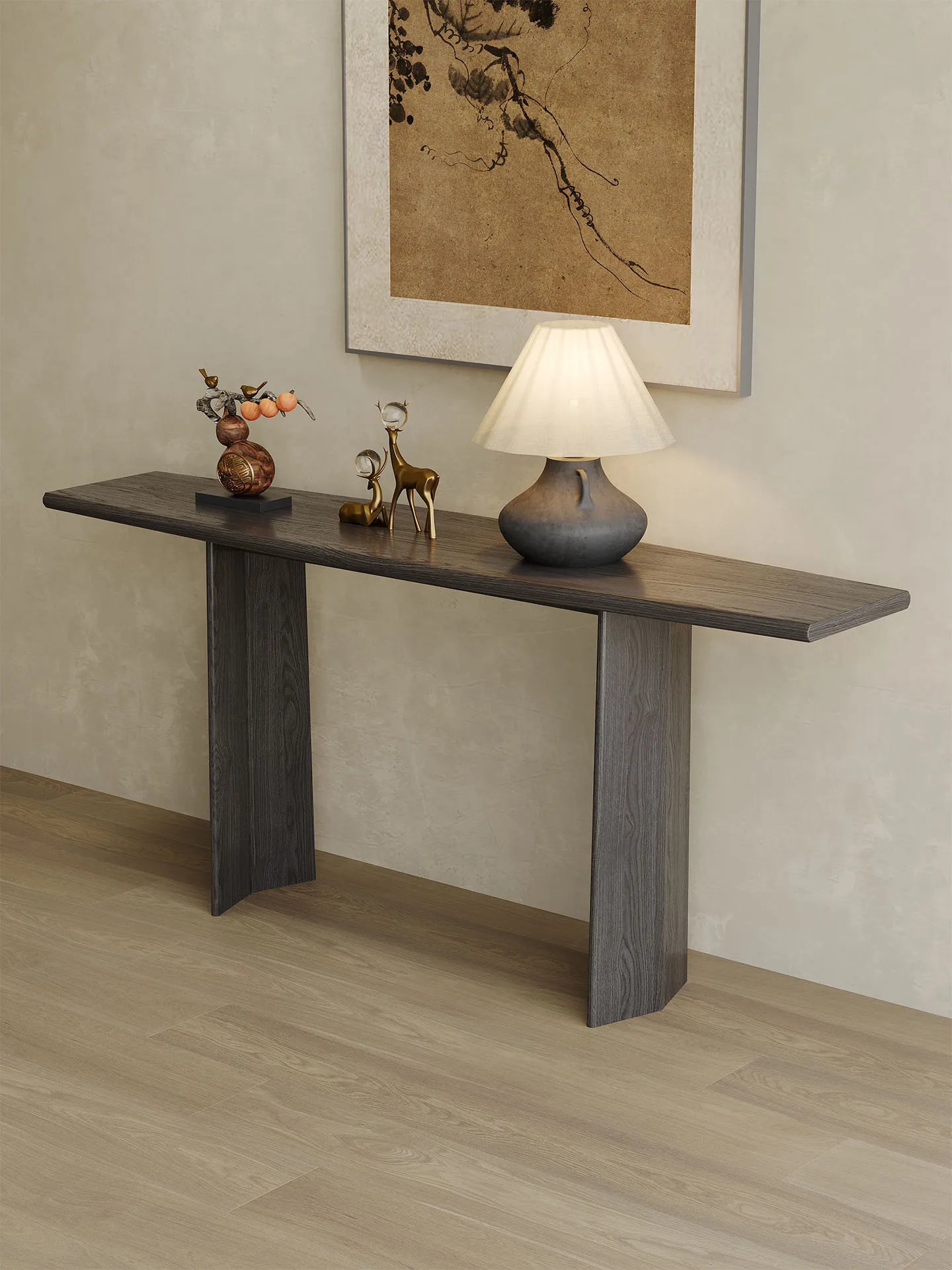 Nordic-style solid wood console table, modern and minimalist, designed to be placed against a wall, ideal for hallways and