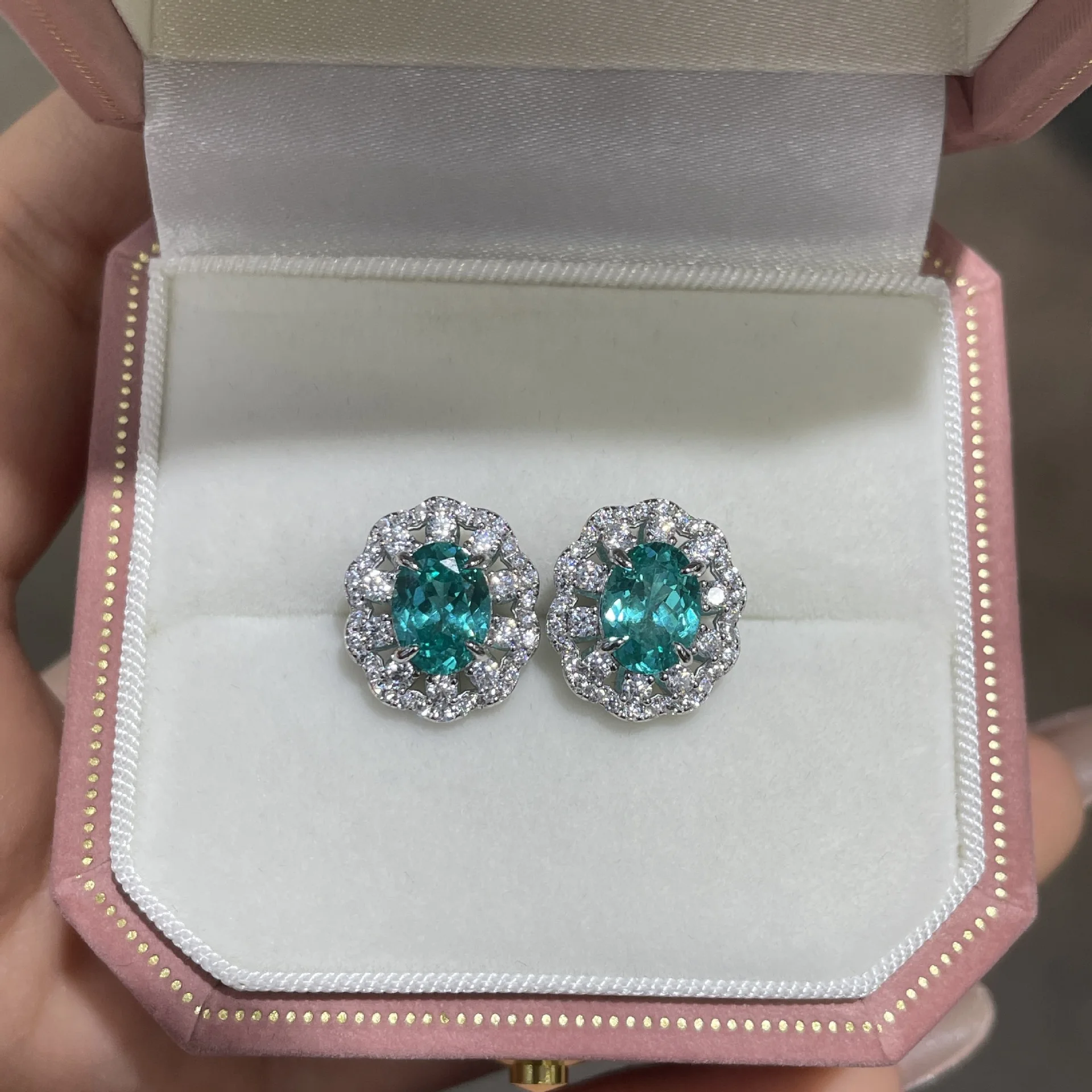 

S925 Серебряный позолоченный комплект ювелирных изделий Параиба, серьги-гвоздики с цветочным принтом и комплект колец с подвеской, коллекция бирюзовых драгоценных камней