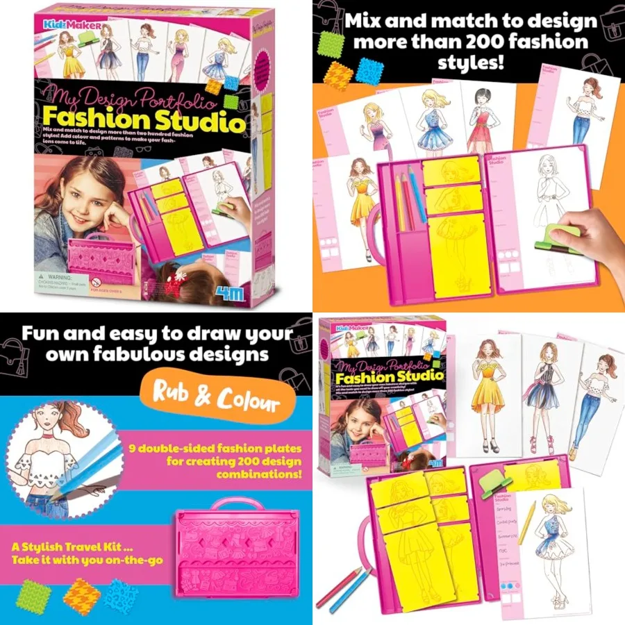 KidzMaker: My Design Portfolio Fashion Studio - Creative Outfit Design Drawing Kit with Mix Max Pattern Rubbing Plates Portable