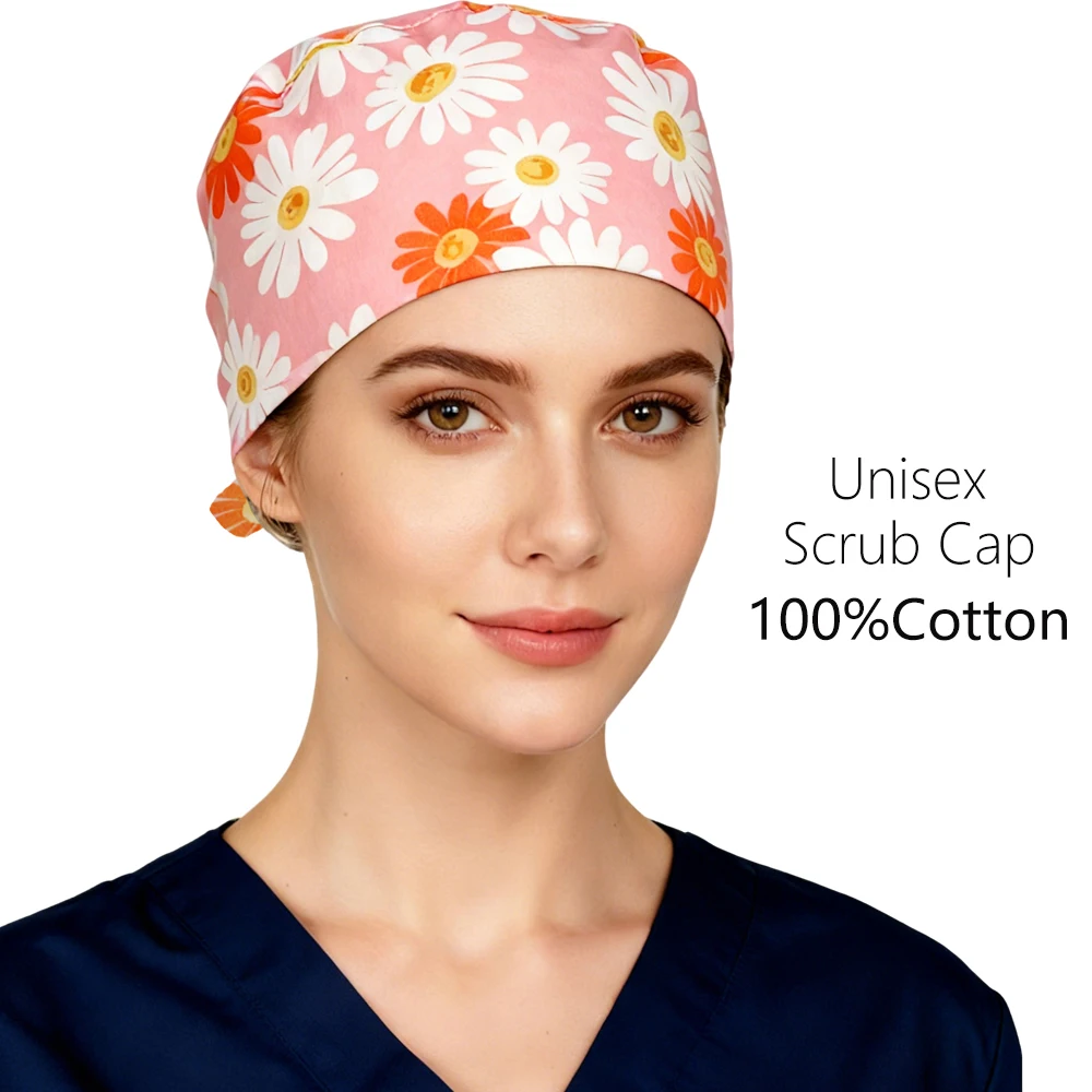 

Новая косметологическая лабораторная рабочая шляпа-скраб, хлопковая шляпа с цветочным узором, операционная, медсестра, доктор, хирургическая шапка для женщин и мужчин, стоматологические шапки