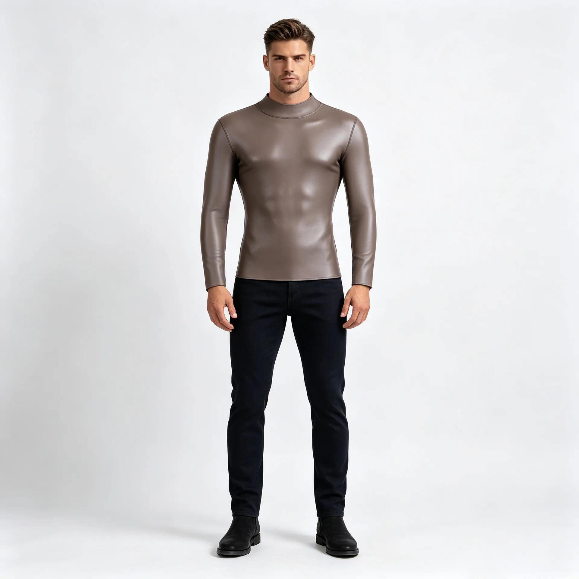 Men's Faux Leather Shaping Top Slim Fit Mock Neck Long Sleeve