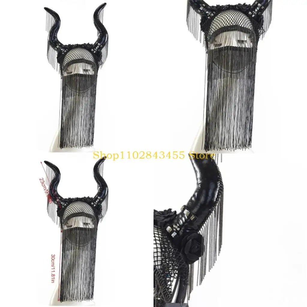

49MC Halloween Devil Horns Headband Antelope Headband Demon Horn Headwear Tassel Mask Chain For Women Fringes Masquerade
