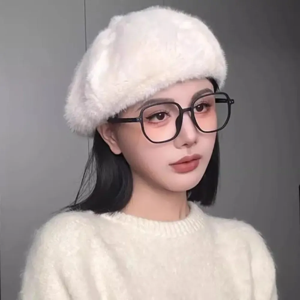 

Elegant Vintage Beret Hat Solid Color Fluffy Texture Pumpkin Beanie Warm Octagonal Hat for Winter Season