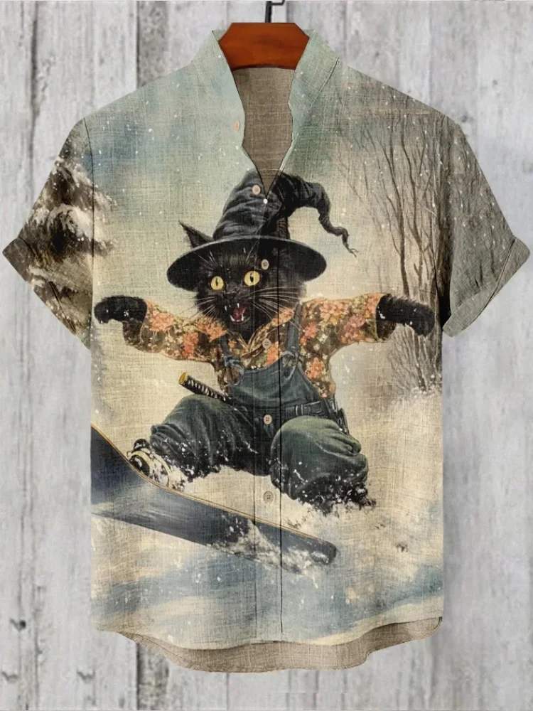 

Men's Witch Hat Black Cat Skiing Halloween Art Print Casual Shirt Holiday Short Sleeve Stand Collar Festival Summer Tops Chic