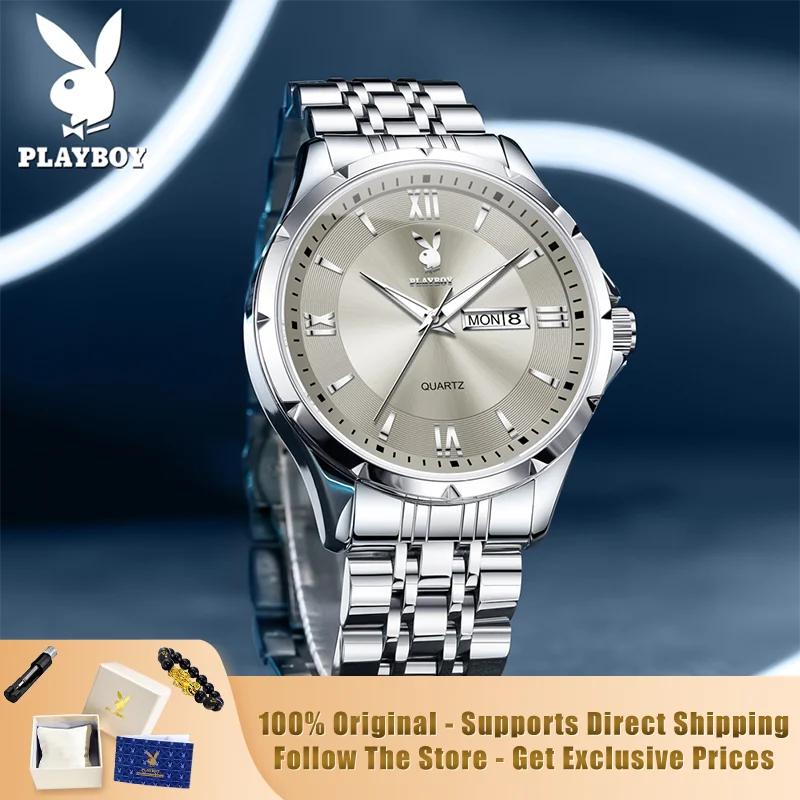 PLAYBOY 3095 Brand original authentic watches for man luxury Solid steel belt double calendar fashion quartz men's watch