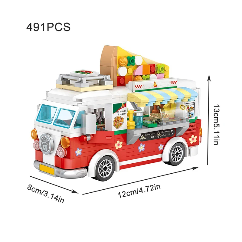 Pizza Cart Mini Building Blocks DIY Shop Car Model Trolley Vending Cart Assembling Toys for Children Holiday Gifts Home Decor