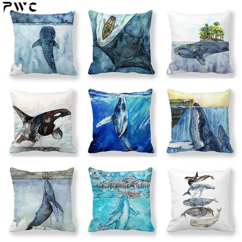 

Watercolor Whale Cushion Covers Polyester Ocean Blue Sea Fish Decorative Pillowcases 45x45cm for Sofa Couch Living Room Decor