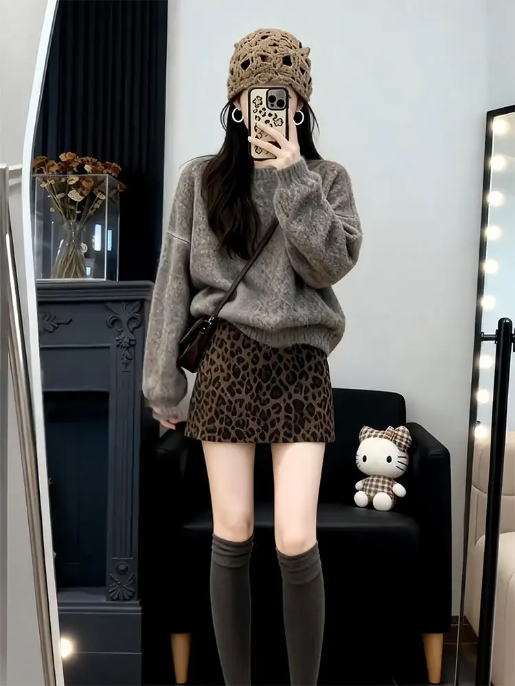 

Korean Design Sensation Women's Autumn Winter Sweater Knitted Leopard Print ort Skirt Two Piece Set Commute Sle Loose Fit