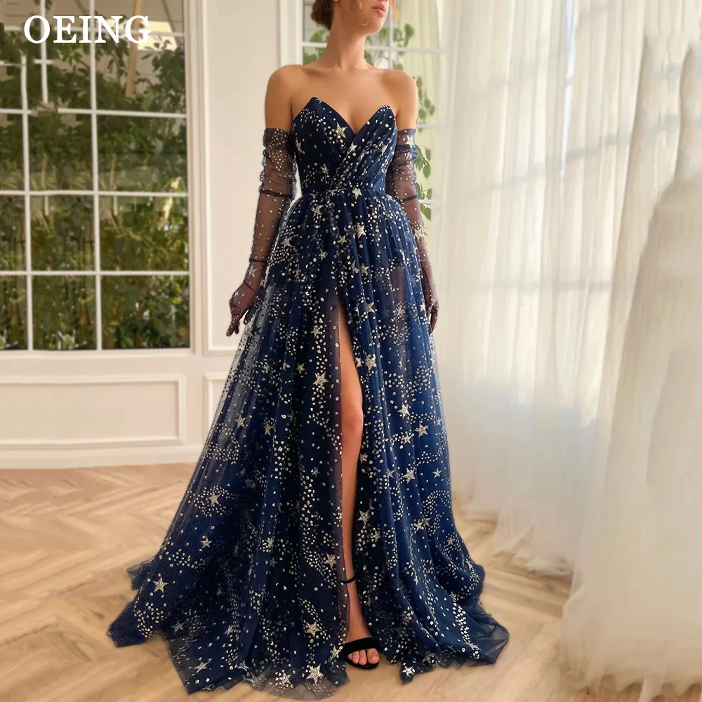 OEING Starry Navy Blue Tulle Prom Dresses Glitter Sweetheart High Slit Sleeveless A-Line Evening Party Dresses Formal Prom Gowns