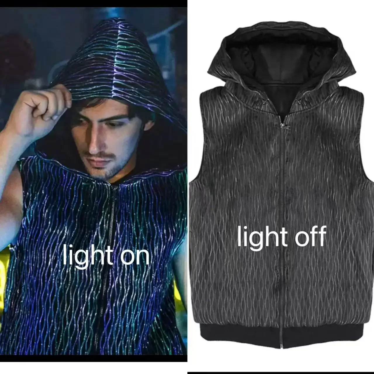 Men's Fiber Optic Hoodie Jacket Sleeveless Luminous Light Up LED Hoodie Rave Outfit Club DJ Stage Wear Halloween Costume