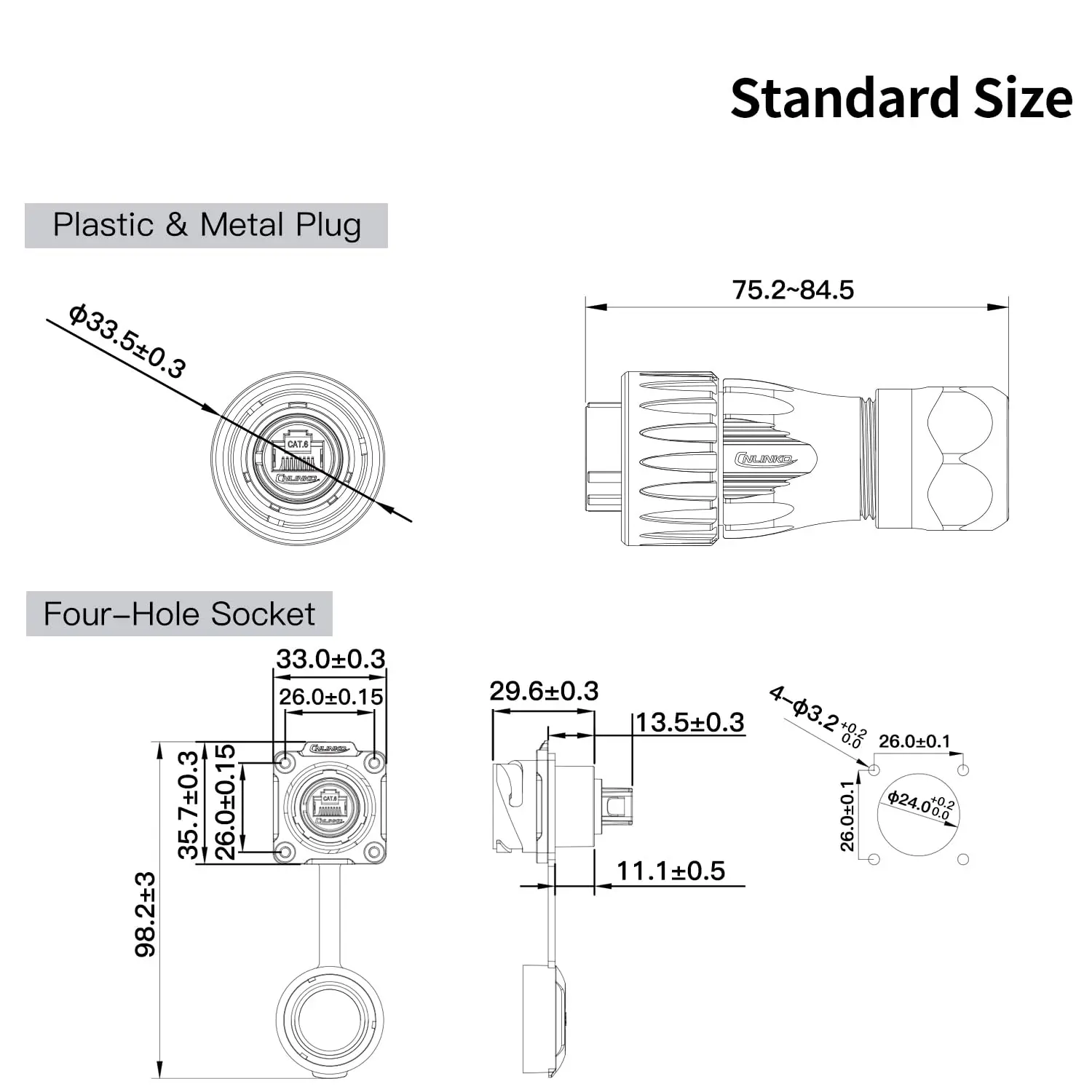 CNLINKO Industrial IP68 Waterproof RJ45 Connector-M24 Metal Shell Ethernet Plug & Socket, UL/TUV Certified for Stable Signal