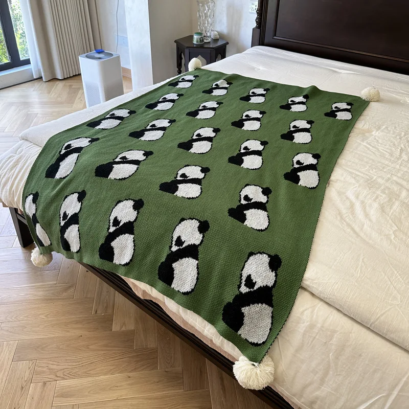 

Green Panda Knit Blanket - Soft Breathable Throw for Sofa & Nap, Lightweight Air Conditioning Blanket, Cute Animal Home Decor