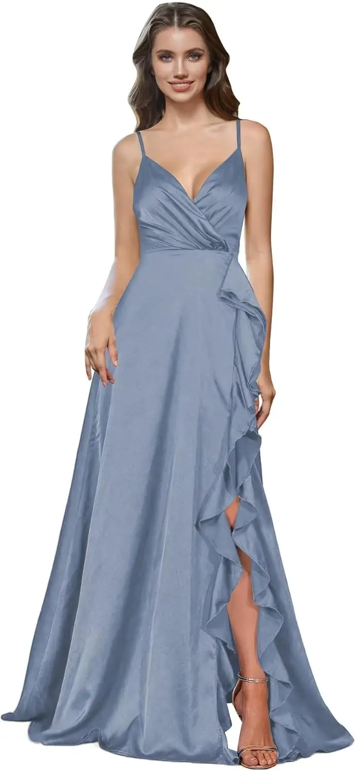 Una línea de vestidos de dama de honor de satén tirantes espagueti cuello en V volante vestido de noche Formal vestidos de fiesta vestido de fiesta de noche para mujer