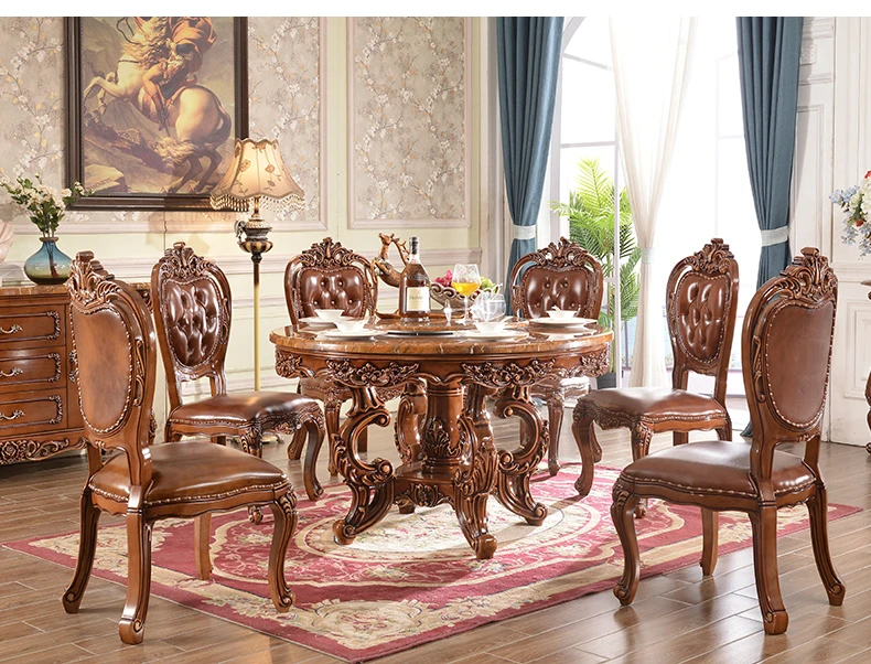 

European-style all-solid wood dining table marble surface round dining table luxury villa high-end dining table