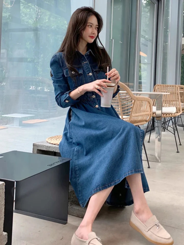korean denim dress outfit Fashion Women's Dress 2022 Autumn New Korean Style Temperament Waist  Slimming Elastic Waist Big Swing Skirt Long Denim Dress