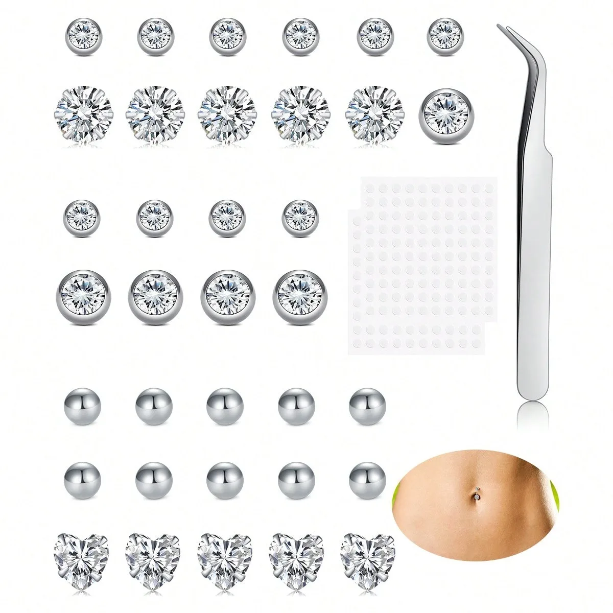 30-35 Stück/Set Fake-Bauchnabelringe, Bauchnabelringe mit Zirkonia, nicht-piercing Schmuck für Lippen/Nase/Augenbrauen – Detail 7