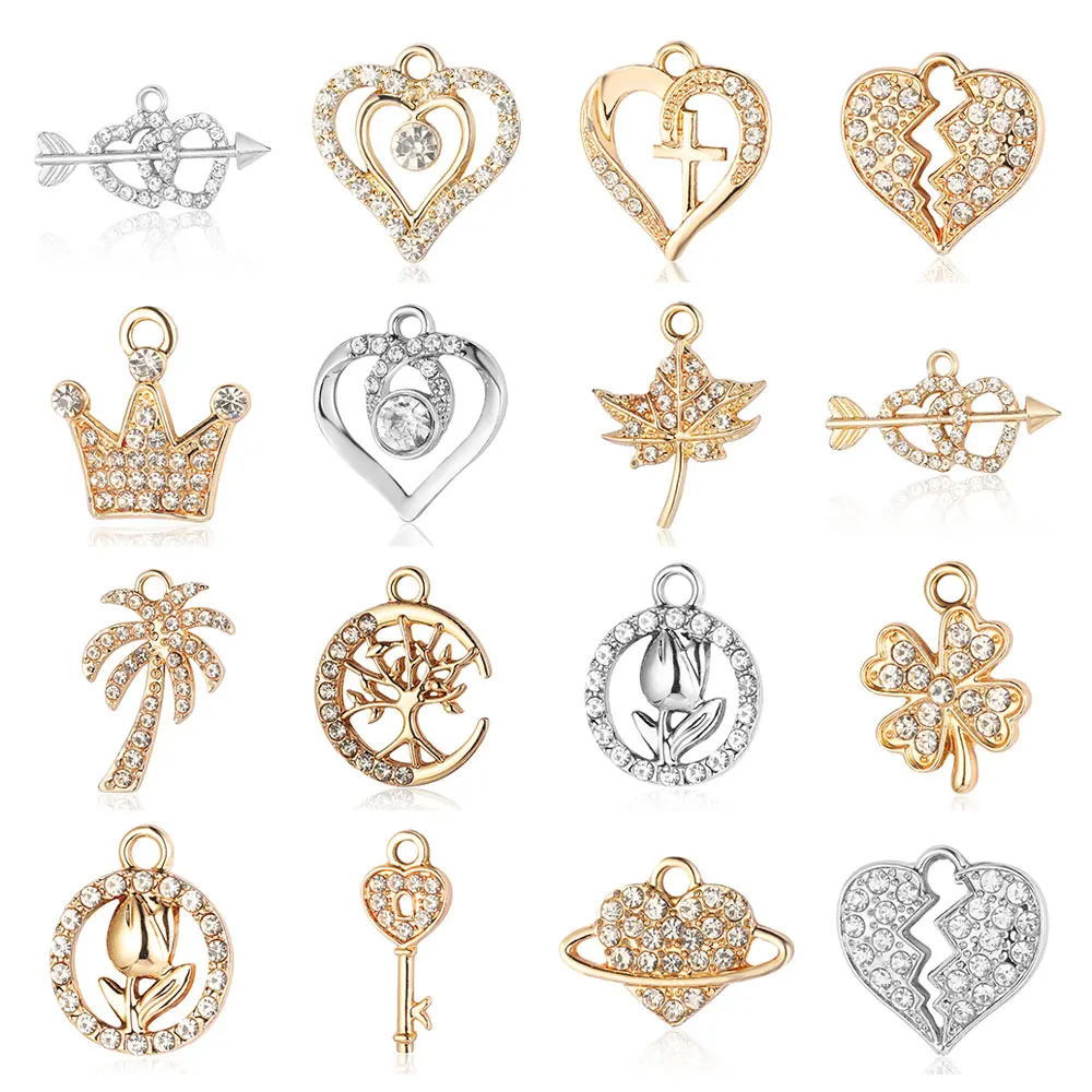 5Pcs/Lot Rhinestone Zinc Alloy Clover Tulip Maple Leaf Charms Coco Heart Crown Life Tree KeyPendant Bracelet Necklace Making