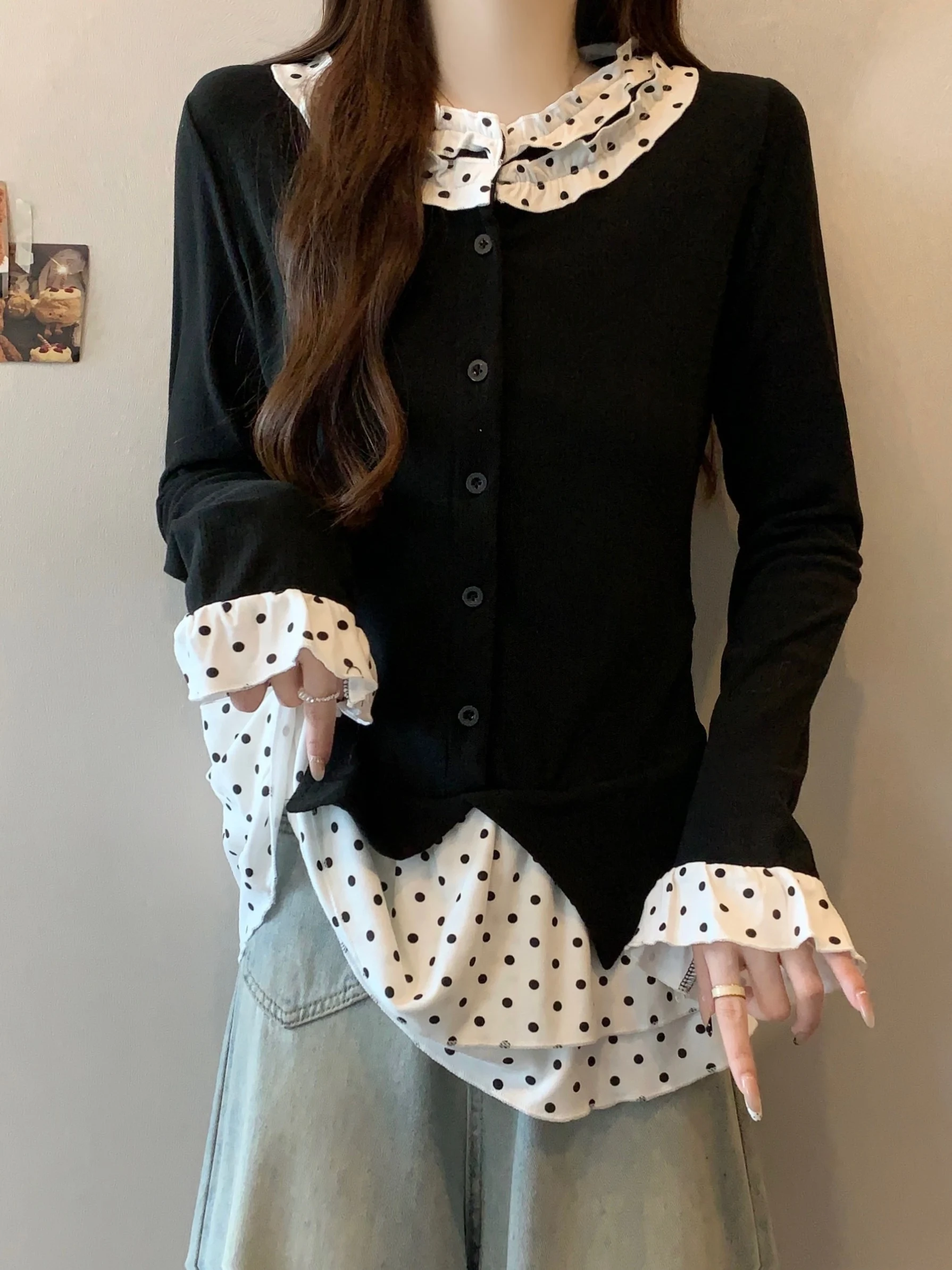 

plus Size Polka Dot Knitted Long Sleeve Base Shirt Women Slim Fit Inner Wear Top High Waist A-Line Skirt Style Korean Design