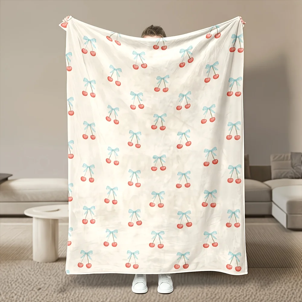 1pc Mint Bow Cherry Printed Flannel Blanket, Ultra Soft Cozy Premium Plush, All-Season Use, Machine Washable, Multi Sizes, 280GSM Heavy, for Bedroom, Sofa, Home Goods, AC Room, Winter Warm Cozy Plush Throw, Cozy Home Gift Choice.