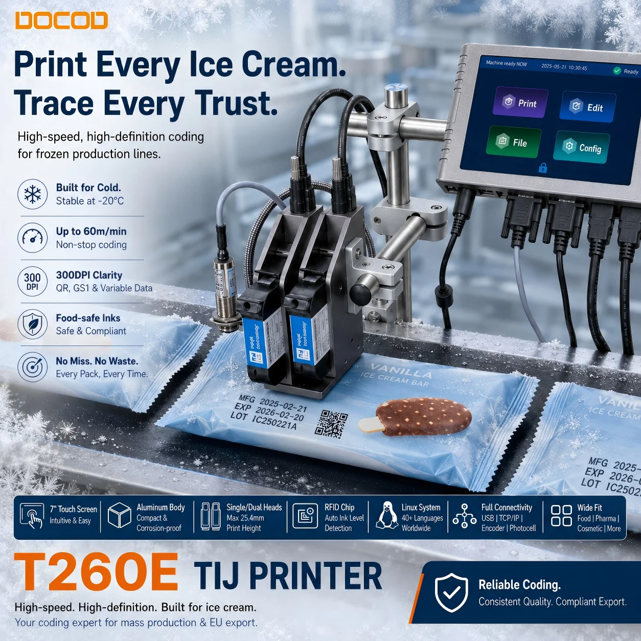 Top-Selling Docod TIJ T260E 12.7mm Online Barcode QR Code Inkjet Printer for Bottle Carton Egg Logo Expiry Date Printing Machine