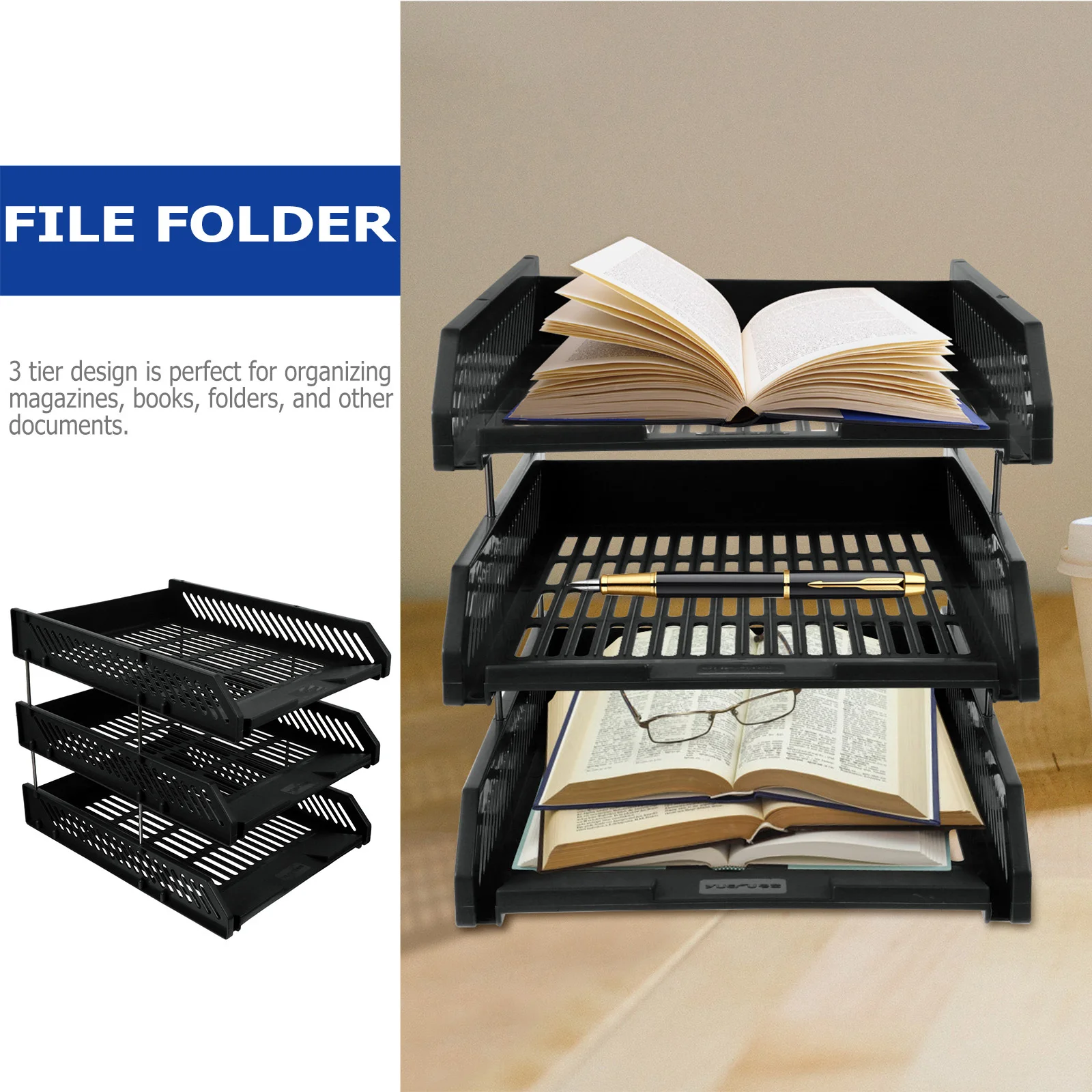 1Pcs File Organizer Rack 3 Tier Plastic Desktop Document Holder for Office Home Desk Storage Magazine Folder Organizer