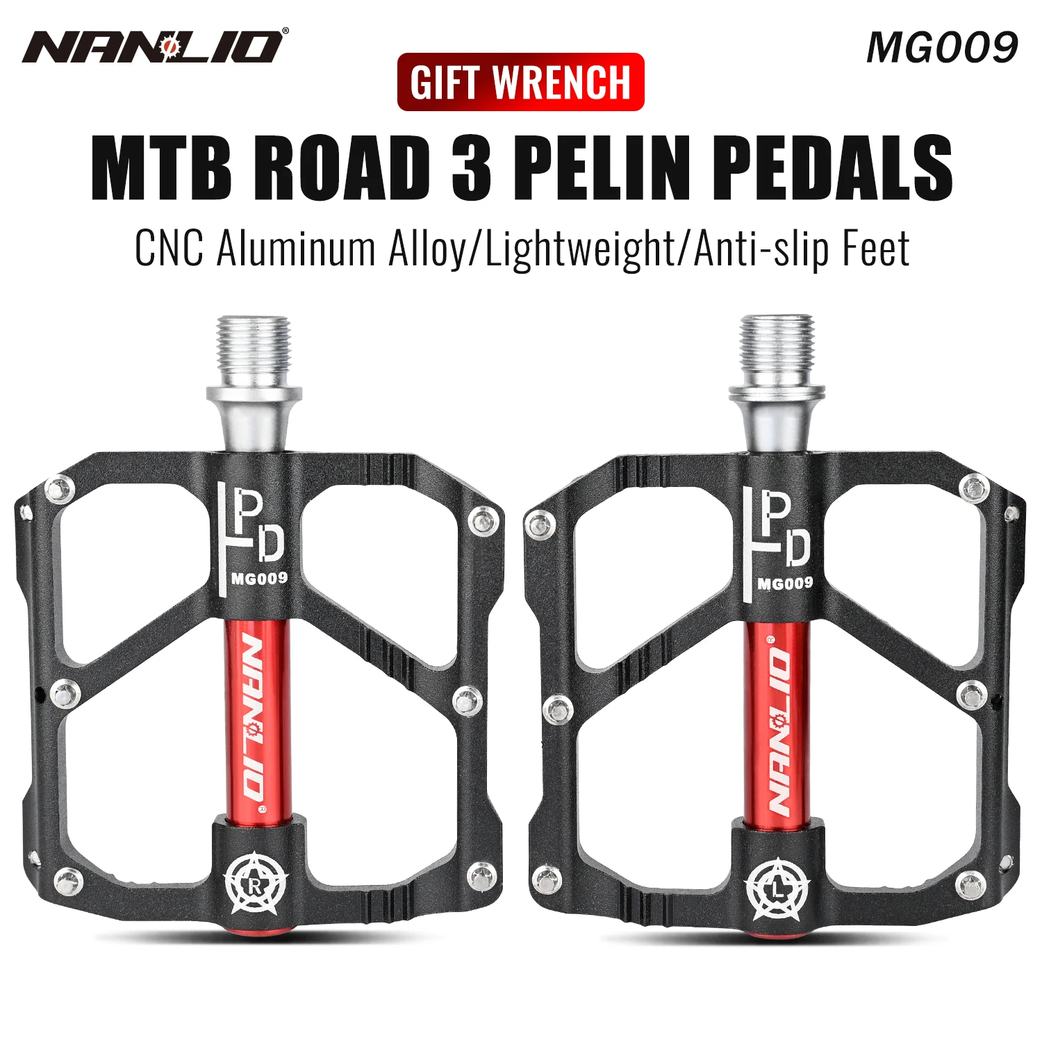 Nanlio Mountain Bike Pedals, Cross-Country, Trail, 6 Sealed Bearings, Wide Platform, 2 Reflectors, 18 Anti-Skid Pins, 290g Pair