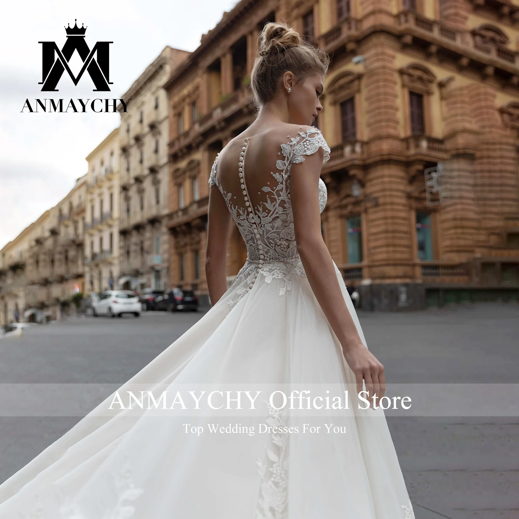 ANMAYCHY A-Line Wedding Dresses For Women 2023 Vintage Sweetheart Short Sleeve Appliques Beading Wedding Gown Vestidos De Novia