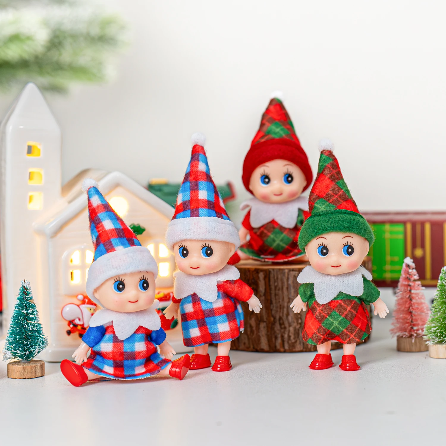 4/5/6 Pcs Mini Baby Elf Christmas Doll Mini  Miniature Plaid Accessories Green and Red Suitable for Xmas New Year Decor Gift