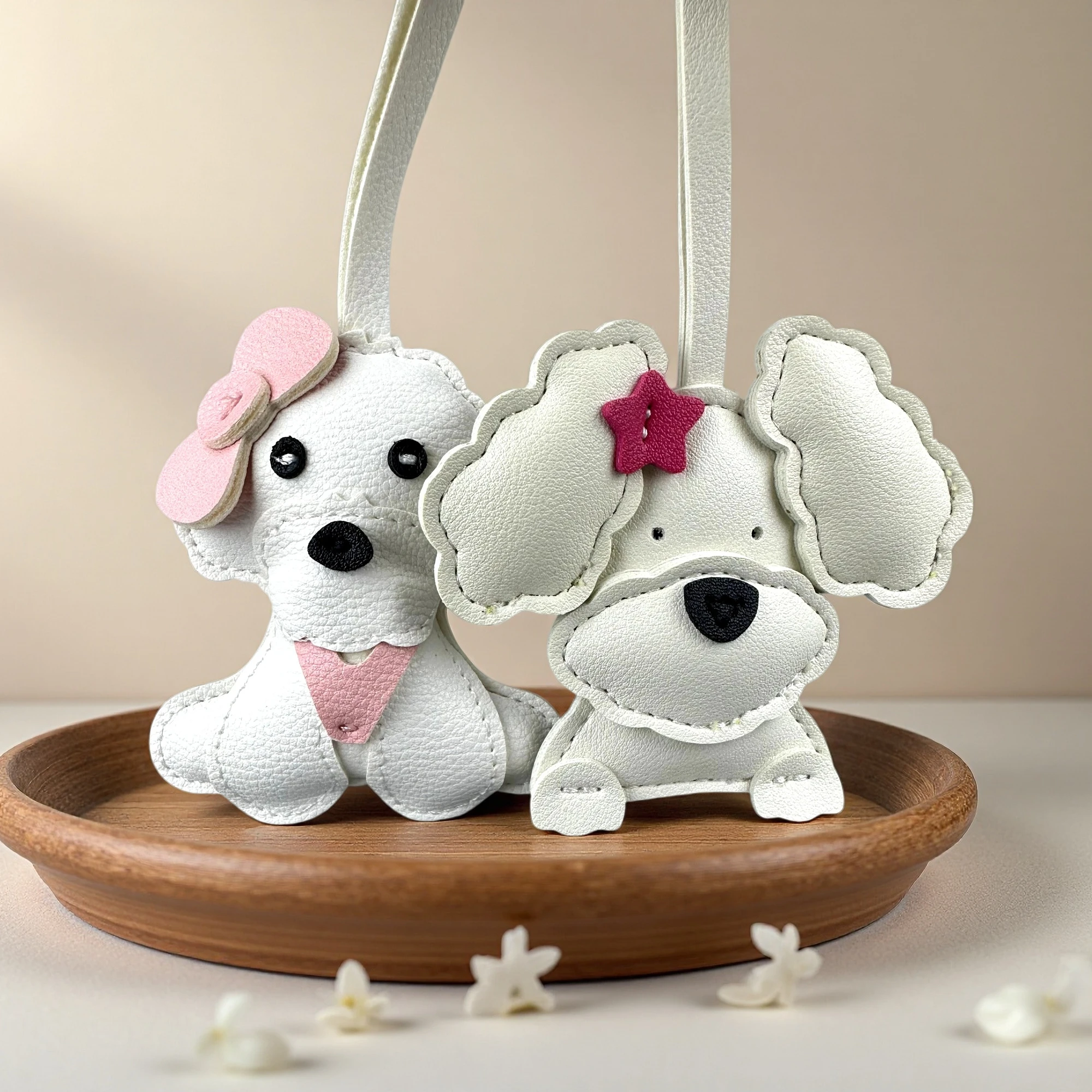 Adorable White & Pink PU Leather Dog Bag Charms-Schnauzer, Poodle & Bichon Pendant For Bag-Cute Purse Accessory for Dog Lovers