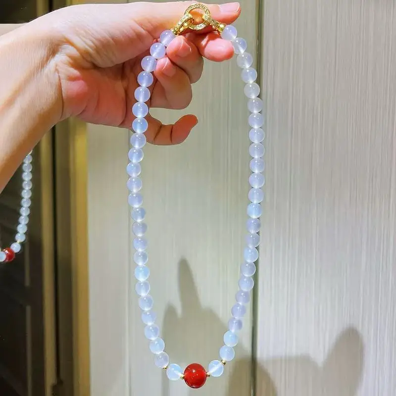 High-quality natural white and red chalcedony necklace with a stylish design perfect for wearing around the collarbone