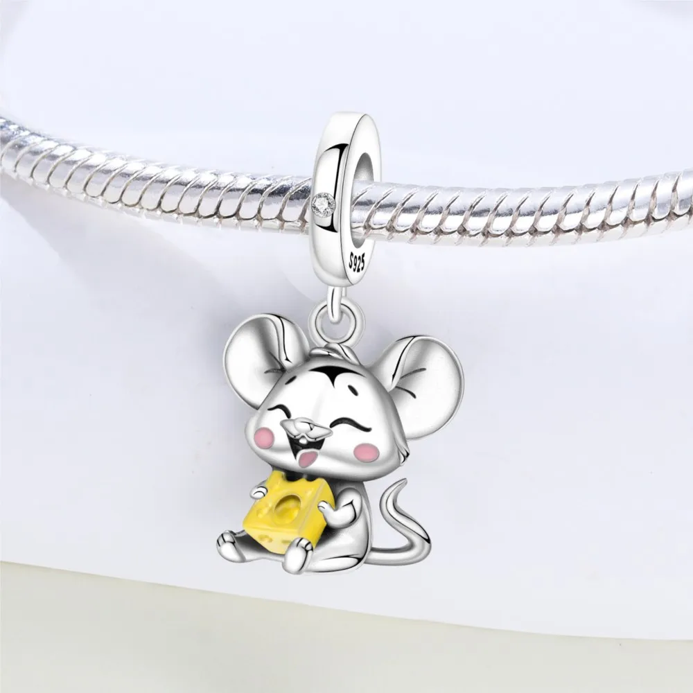 PANPOKI 925 Sterling Silver Cute Mouse Eating Cheese Original Pendants Bracelet Charms Jewelry Party Beads DIY Trendy Gifts