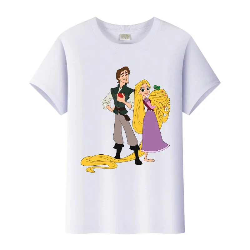 

Детская уличная одежда Disney Tangled Princess, топы, женская футболка для пары, футболка Harajuku Y2k, блузка для девочек, семейная футболка с короткими рукавами, подарок