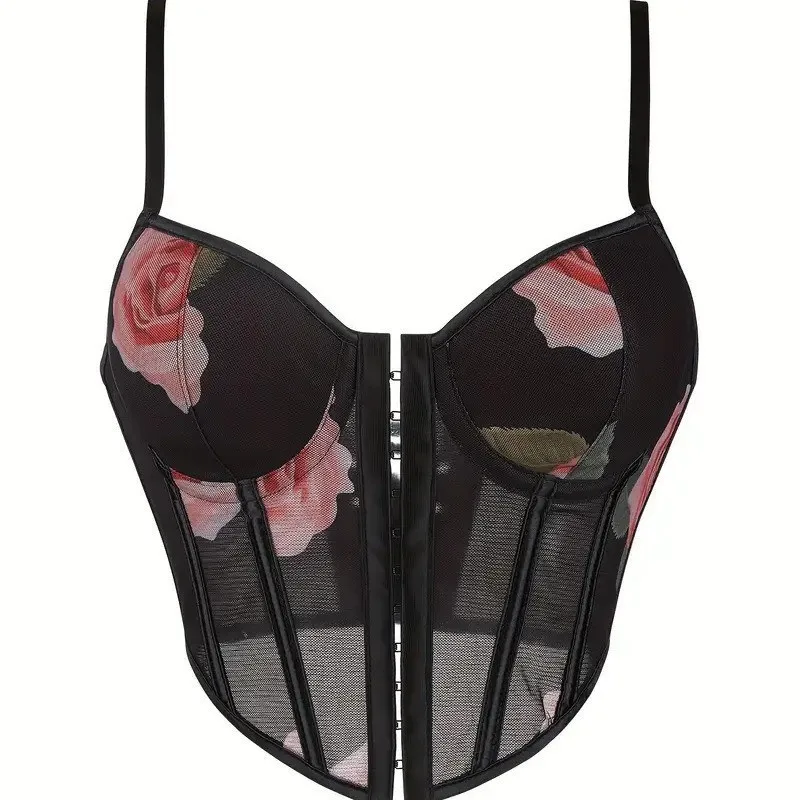 Women Floral Print Mesh Corset Top Adjustable Spaghetti Straps Front Hook Closure Lace Up Back Bustier Crop Top Party Clubwear