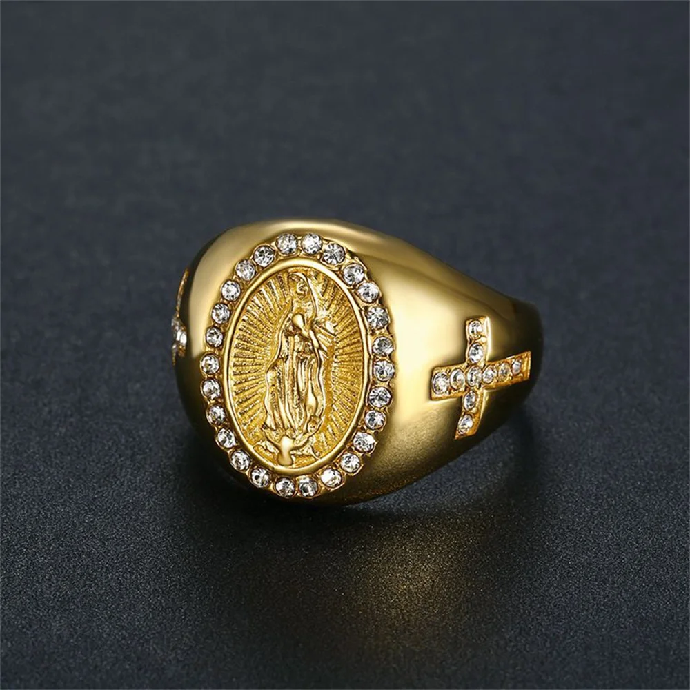 Religious Gold Color Virgin Mary Rings for Women Men Stainless Steel Iced Out CZ Madonna Ring Hip Hop Christian Jewelry Gift