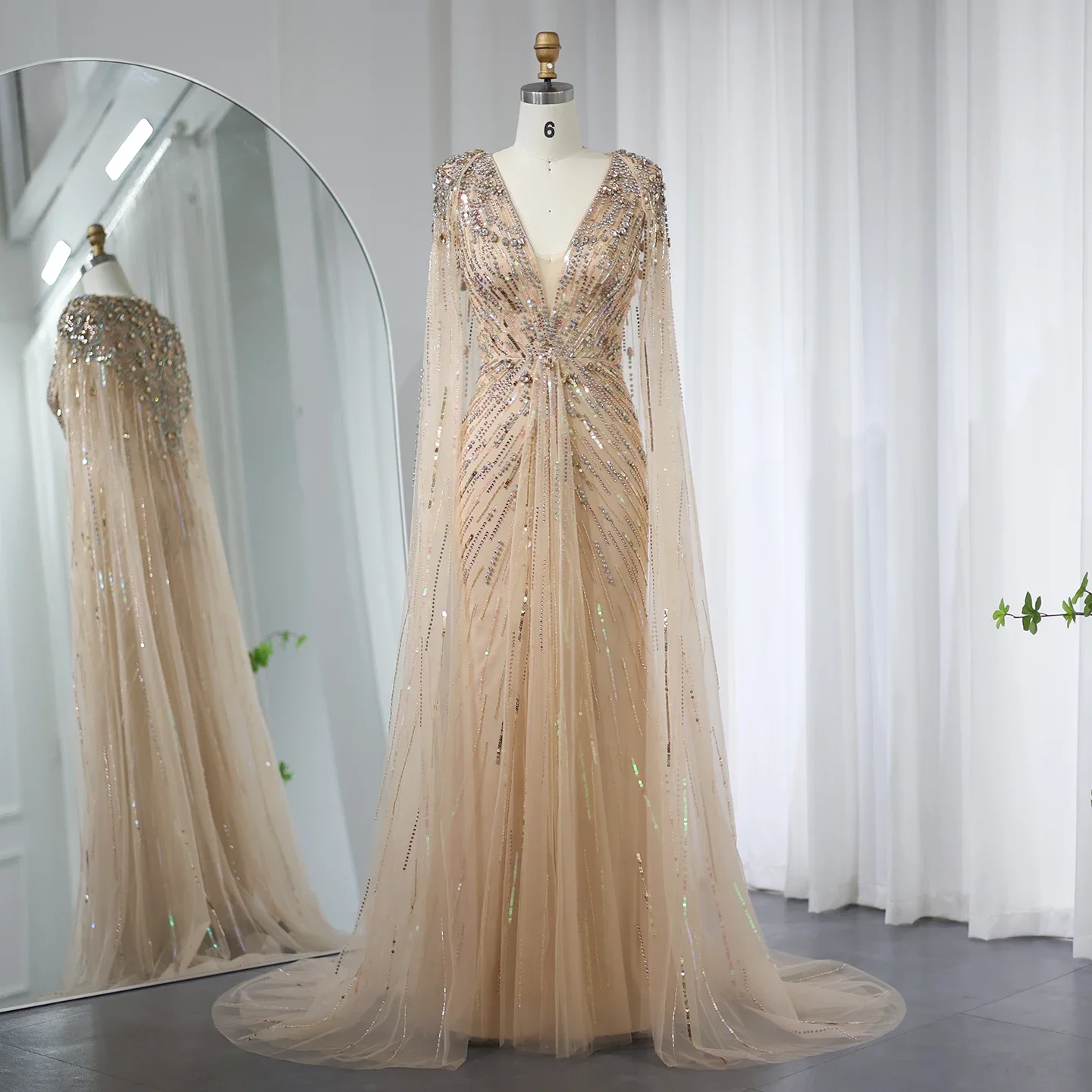 Dubai Luxury Crystal Sage Green Evening Dresses with Cape  Elegant Women Wedding Dress Party Gowns