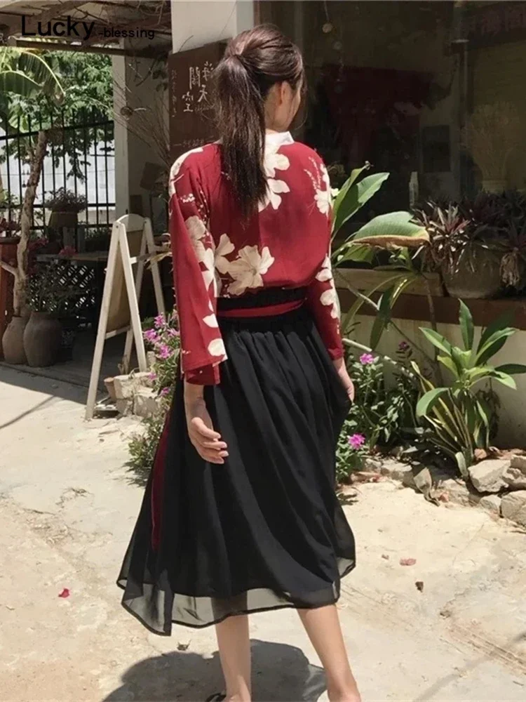 الرجعية النمط الياباني خمر Haori Kawaii الفتيات النساء فورال كيمونو فستان للحزب يوكاتا الملابس الآسيوية التنانير Vestidos Hanfu