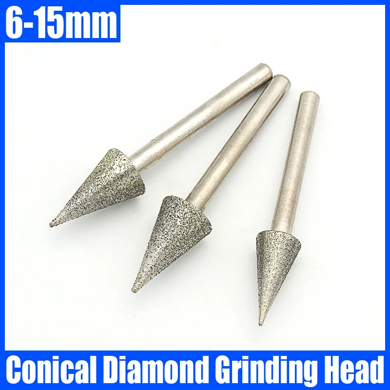 

1PCS 6-15mm Conical Diamond Grinding Head Needle Bits Burrs Engraving Carving Tool 6mm Shank Grinding Bit Polishing Tool