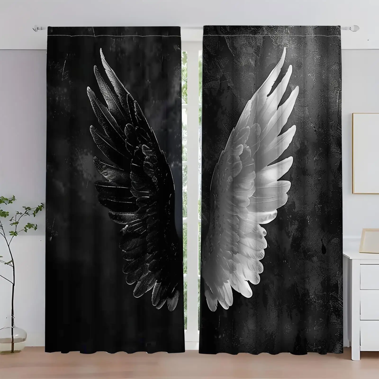 2pc Modern Angel & Demon Wings Curtains – Rod Pocket, Semi-Sheer Decorative Panels for Living Room, Bedroom or Gaming Room