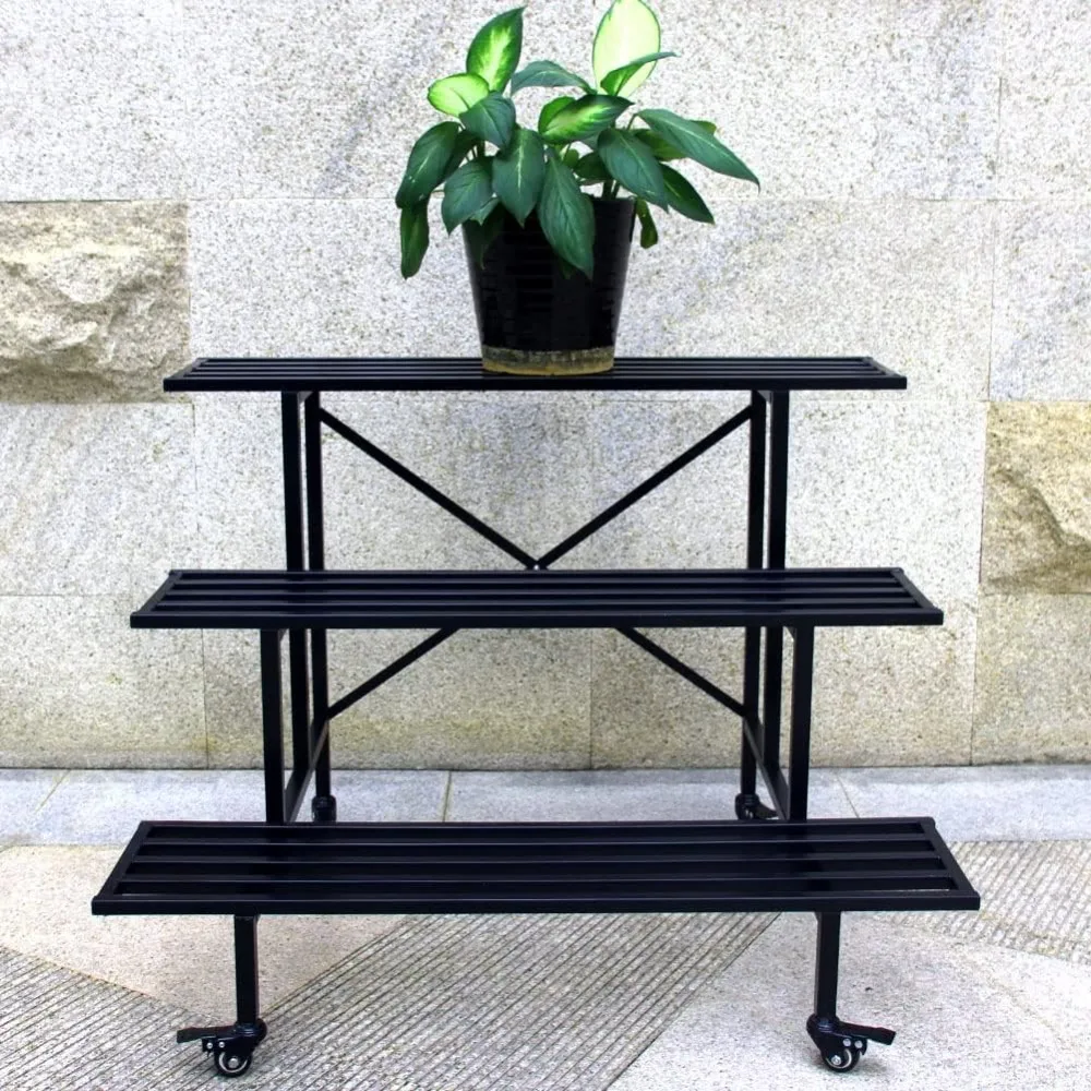 

Moving Garden Cart 3 Tier Sturdy Metal Plant Stand Heavy Duty Plant holder Garden Plant Shelf with Wheels