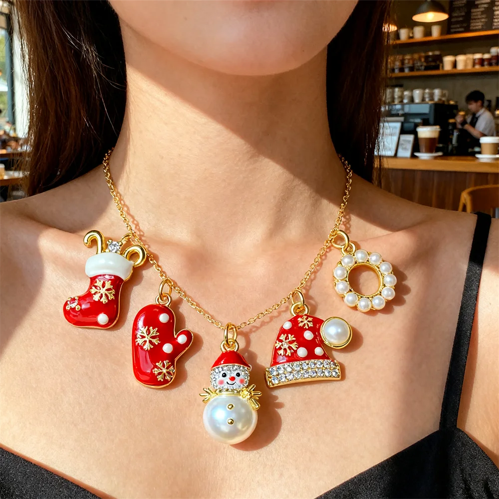 

4Pcs Pendants Brass Christmas Charm Cubic Zircon Enamel Stock Snowman Santa Hat Mitten DIY Jewelry Necklace Bracelet Making